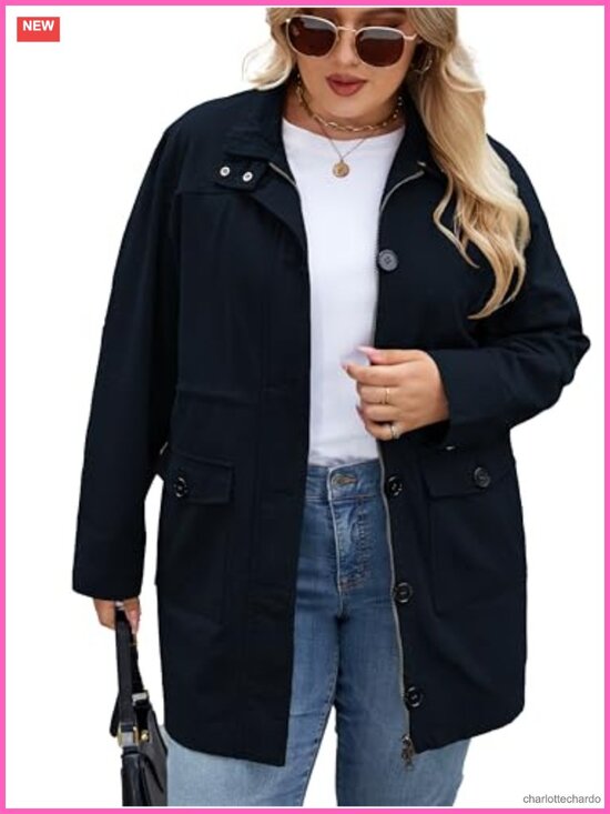 Jackets & Blazers - Plus Size Women's Cotton Trench Coat Long Sleeve Utility Jacket with Pockets